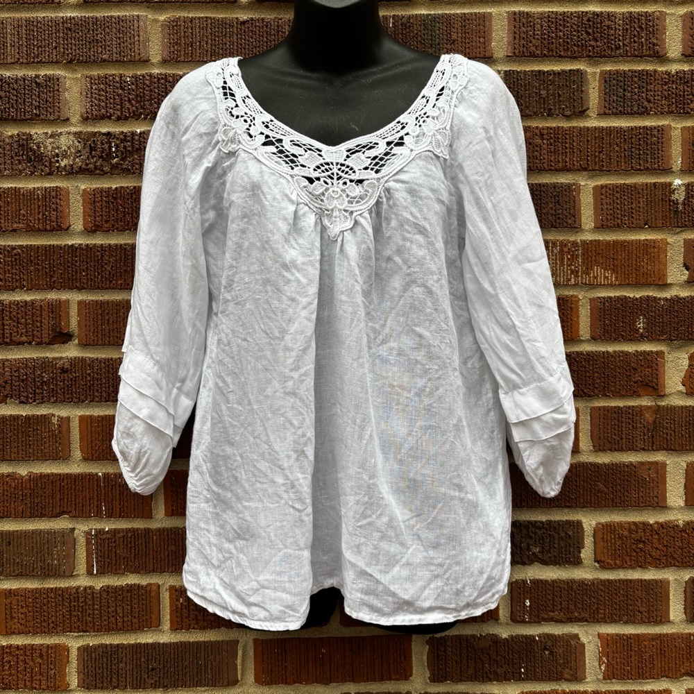 Laura Bianchi Women's Sz M White Linen long Sleeve Lace Peasant Top Blouse